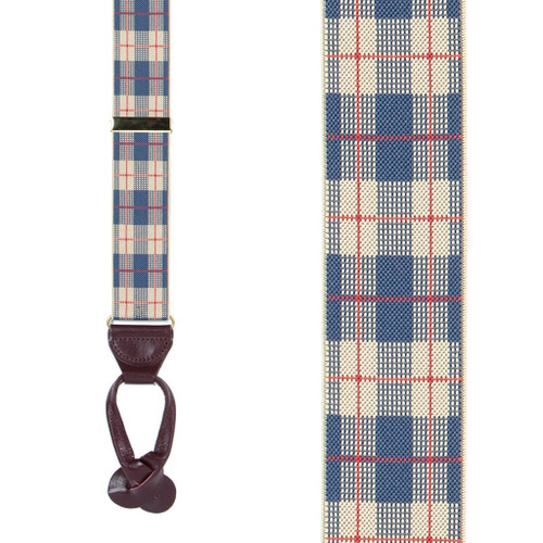Beige Plaid Suspenders - 1.5 Inch Wide Button - Front View