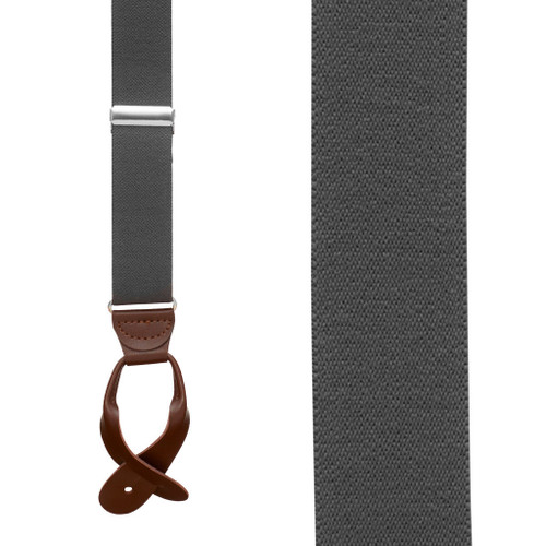 1.25 In Wide Button Suspenders in Dark Grey with Brown Leather - Front View