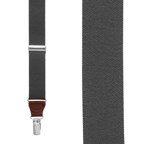 1.25 Inch Wide Y-Back Clip Suspenders in Dark Grey with Brown Leather - Front View