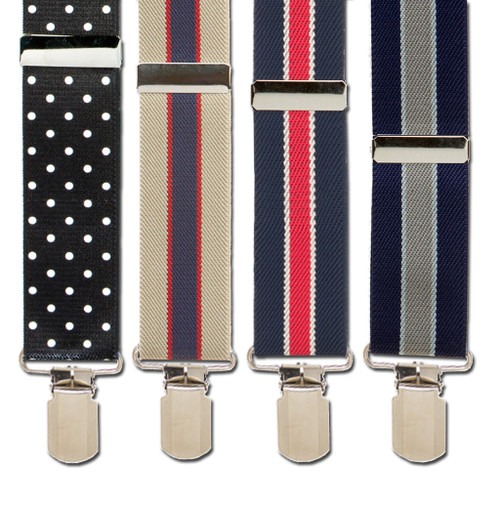 1.5 Inch Wide PIN CLIP Suspenders: Stripes & Polka Dots