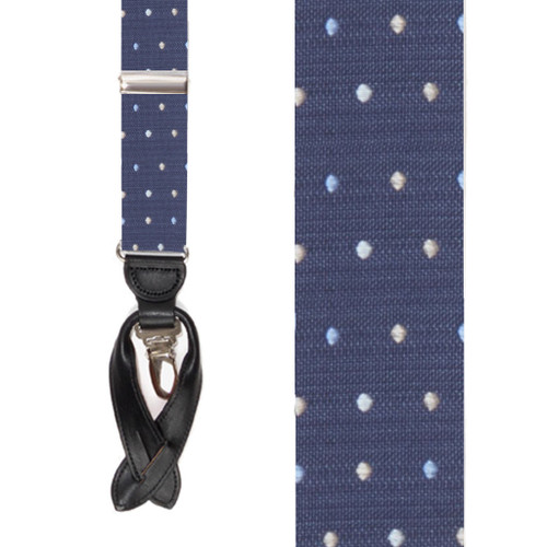 Silk Polka Dot Convertible Suspenders in Navy Blue - Front View