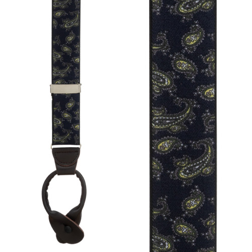 Paisley Button Suspenders in Navy Blue - Front View