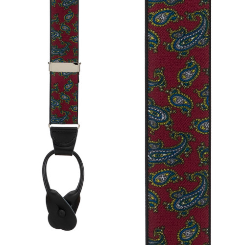 Paisley Button Suspenders in Burgundy - Front View
