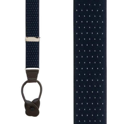 Woven Pin Dot Button Suspenders in Navy - Front View
