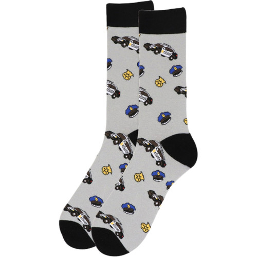 Men's Gray Crew Socks with Fun Police Badge, Hat, and Car Design