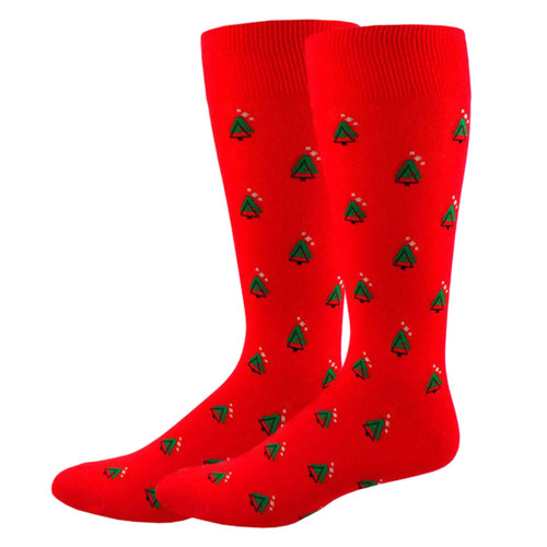 Men's Vibrant Red Crew Socks with Abstract Christmas Trees and Snowflake Designs