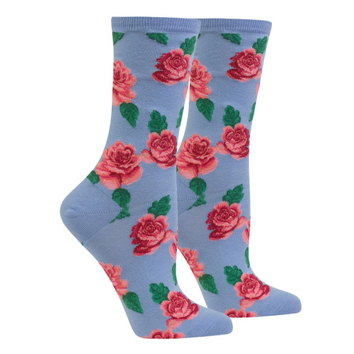 Coastal Blue Women's Crew Socks with Enchanting Rose Print