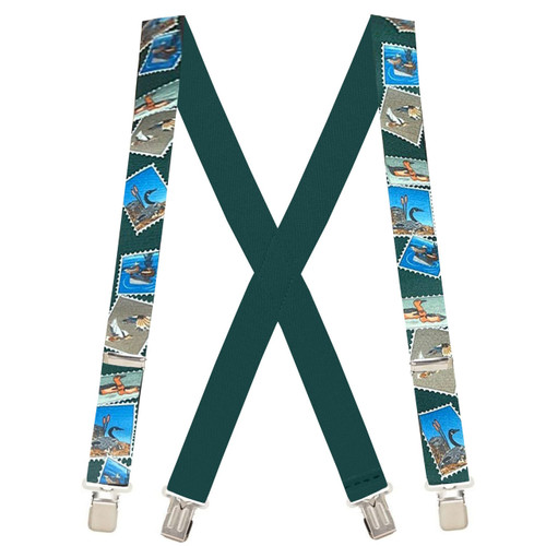 Ducks On Stamps X-Back Suspenders - 1 1/2" Width, 48" Length