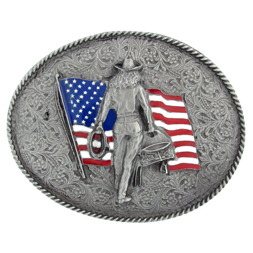 Oval Cowgirl with U.S. Colors Belt Buckle - Black/Brown