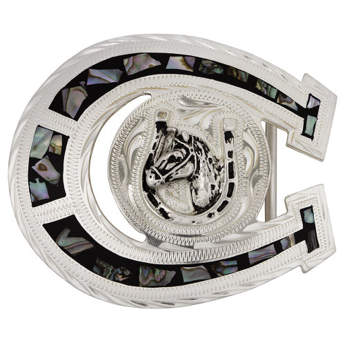 Silver & Abalone Horseshoe Emblem Silver Belt Buckle - Black/Brown