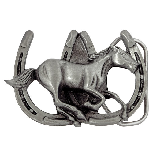 Racing Horse on Horseshoes Belt Buckle - Black/Brown