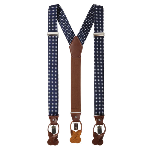 Men's Polka Dot Y-Back Suspenders Braces Convertible Leather Ends and Clips - Navy Blue