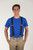 Model wearing same suspenders in Navy Blue
