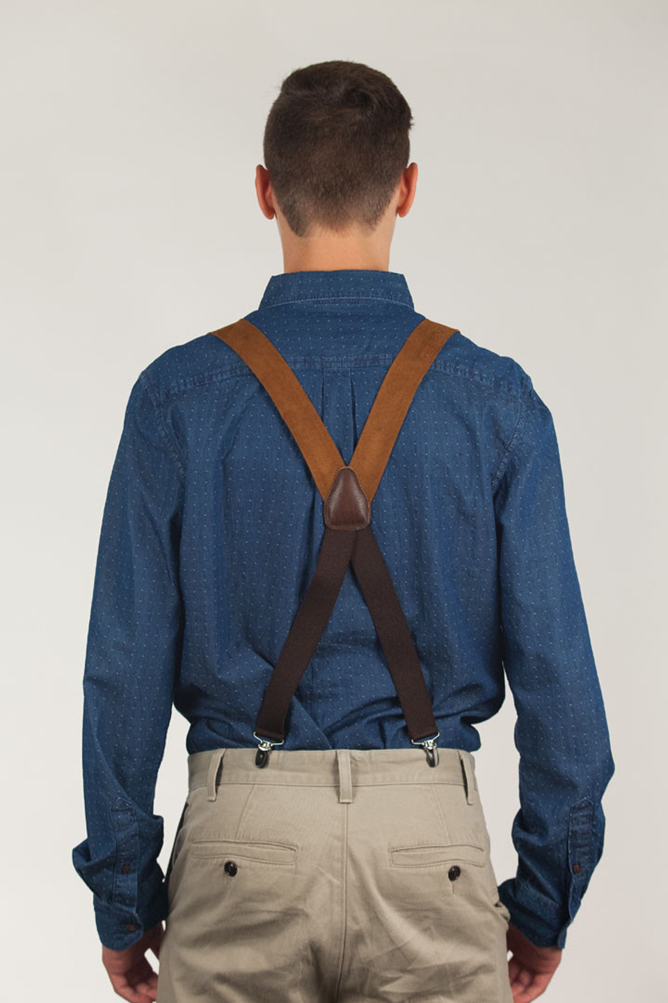 Tan Y-Back Suede Leather Drop Clip Suspenders