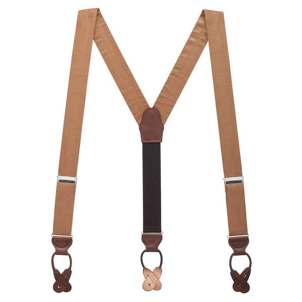 Suede Leather Y-Back Button-On Suspenders in Tan