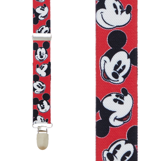 Disney suspenders featuring black-and-white Mickey Mouse faces making a variety of expressions against a red background