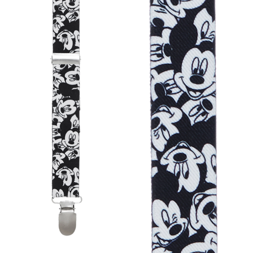 Mickey Mouse suspenders with a black-and-white collage pattern of Mickey faces making various expressions