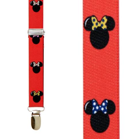 Red suspenders with a pattern of Minnie Mouse heads in black silhouette, each wearing a different colored bow
