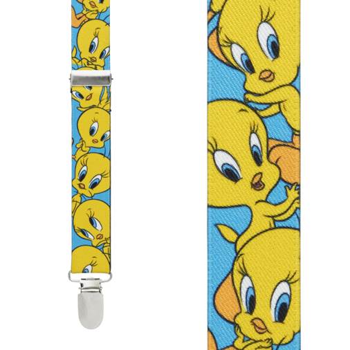 Tweety Bird suspenders featuring Tweety in a number of poses against a sky-blue background