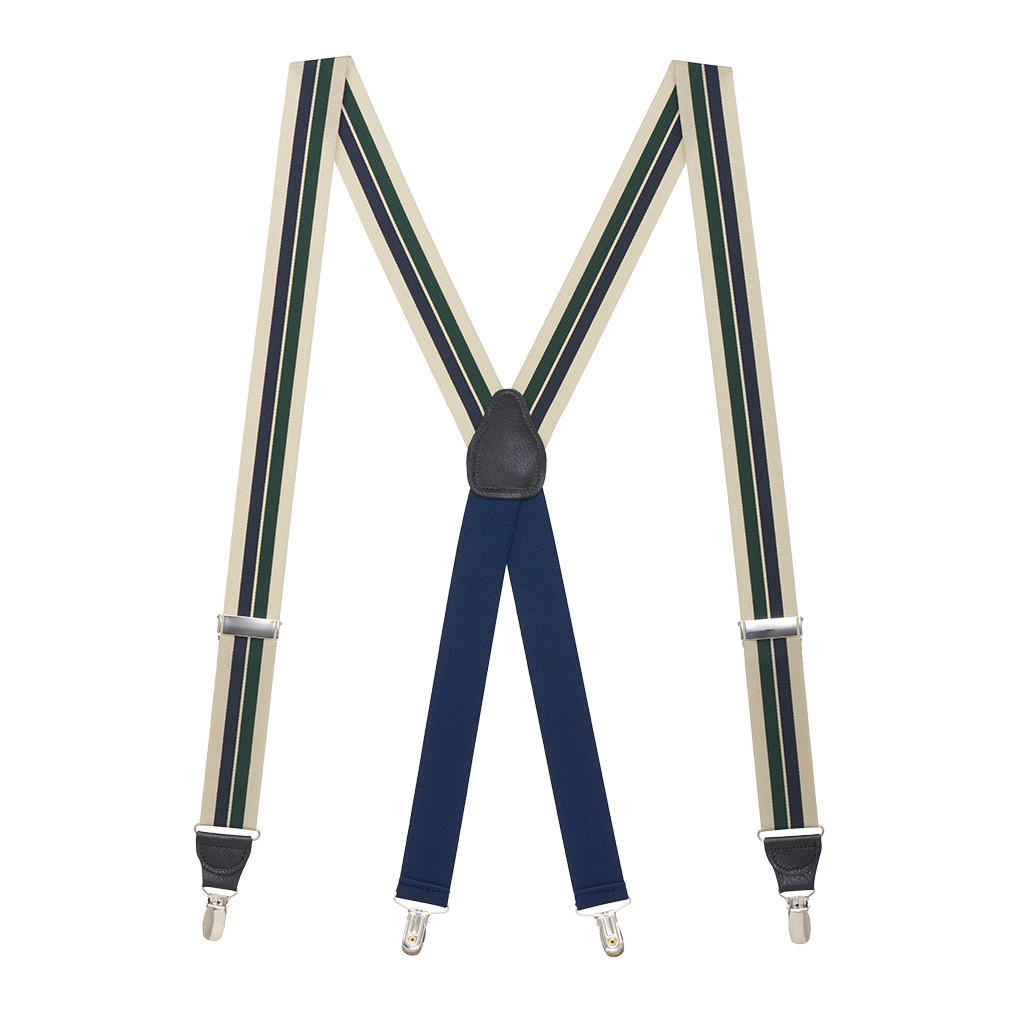 Grosgrain Suspenders in Khaki Hunter Navy Stripes - Full View