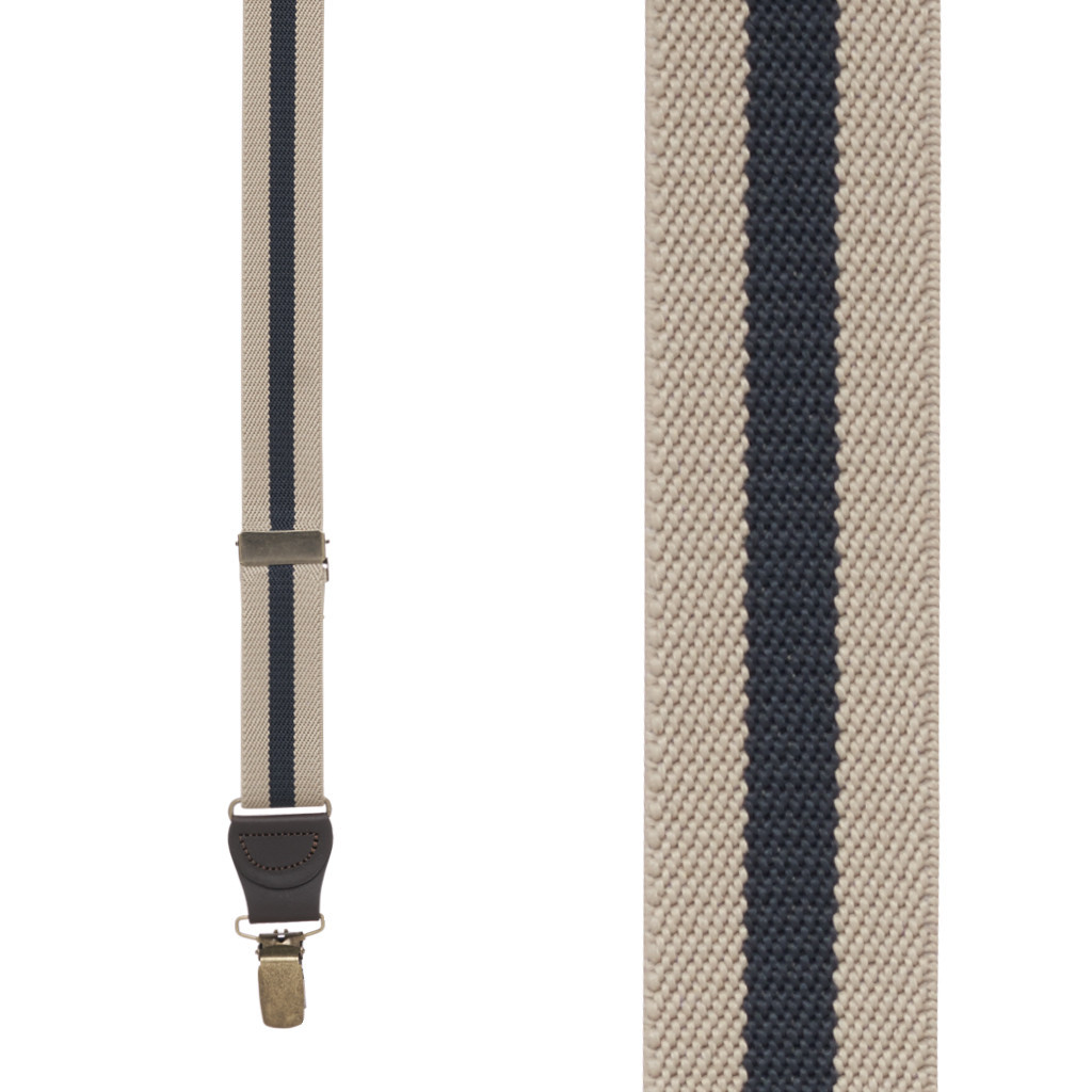 Striped Y-Back Clip Suspenders in Tan/Navy - Front View