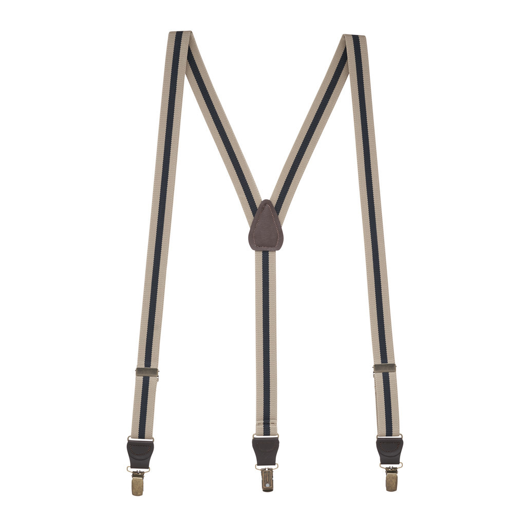 Striped Y-Back Clip Suspenders in Tan/Navy - Full View