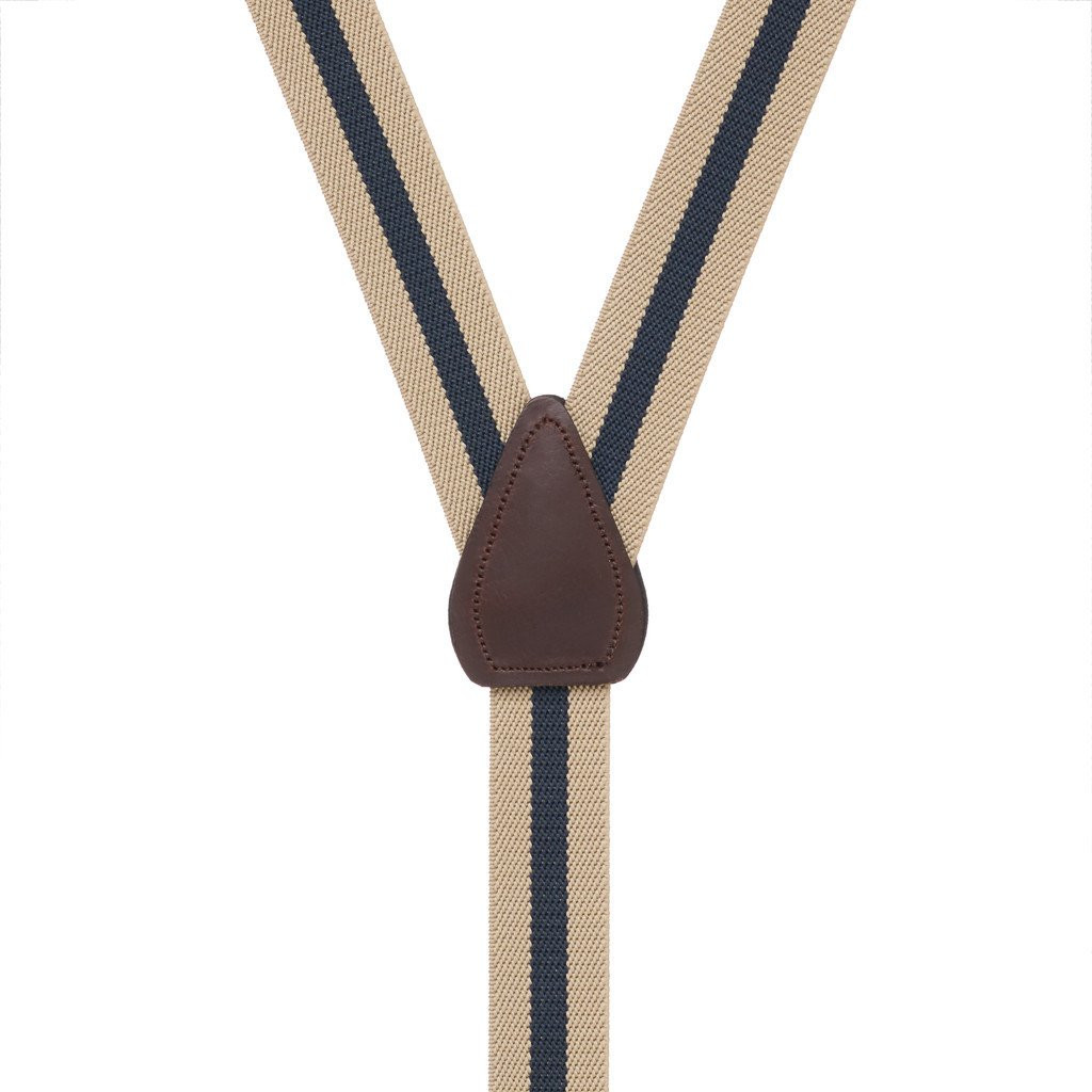 Striped Y-Back Clip Suspenders in Tan/Navy - Rear View