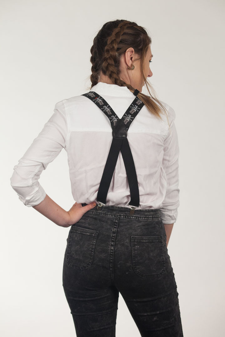 Model wearing suspenders