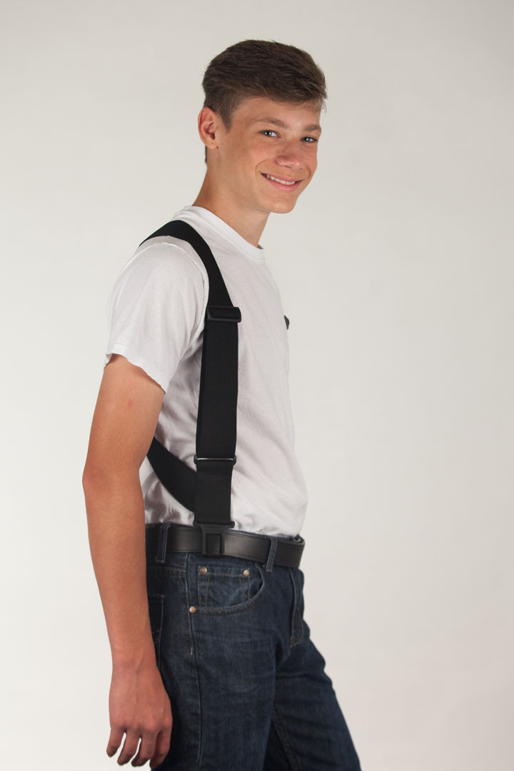 Model wearing Perry uBEE Side Clip Suspenders in Black