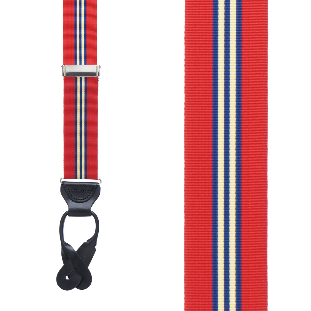 Grosgrain Button Suspenders - Red Thin Stripe Front View