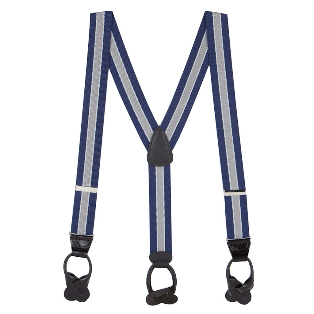 Full View - Navy/Grey Striped Button Suspenders - 1.5 Inch Wide