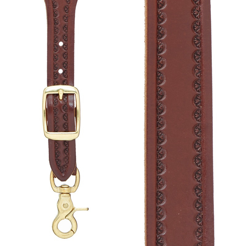 Border Stamped 1 Inch Wide Western Leather Suspenders in Brown - Front View