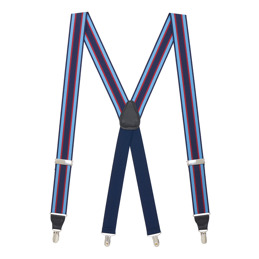 Grosgrain Clip Suspenders - Navy Sky Red Stripe Full View