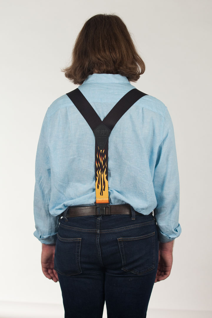 Model wearing Perry suspenders