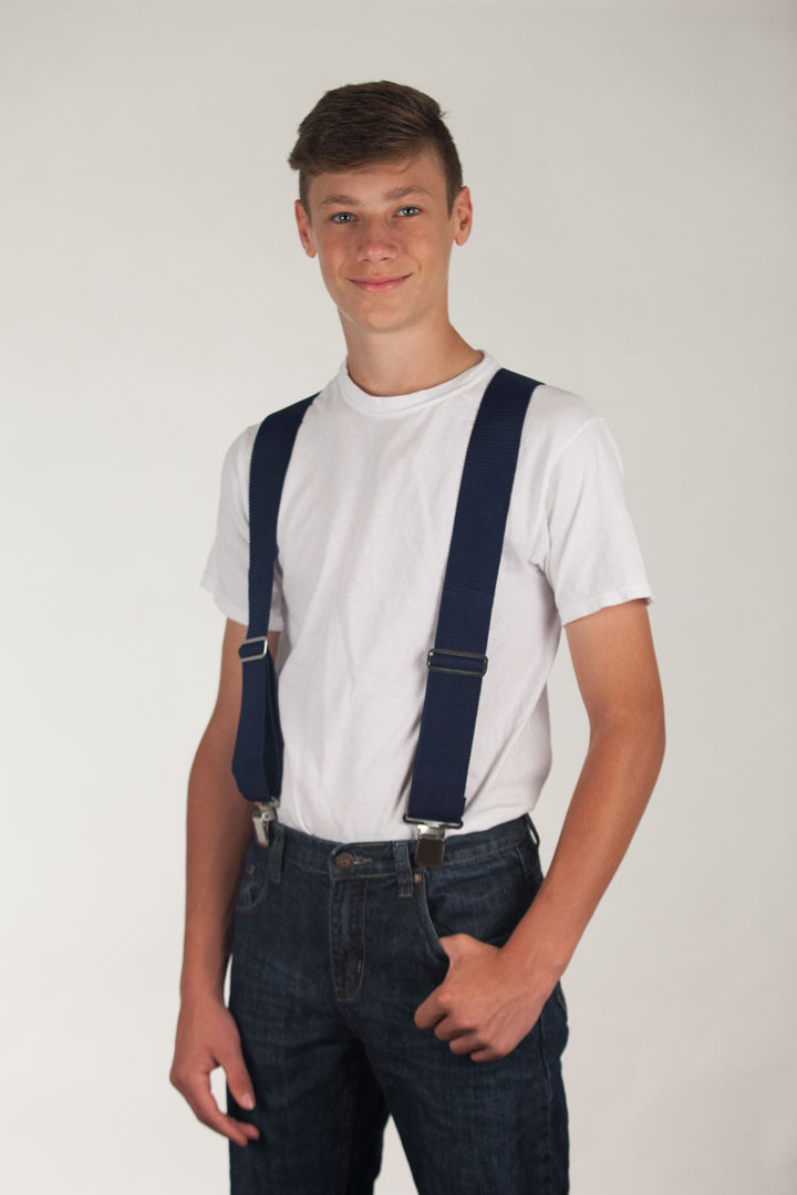 Model Wearing Heavy Duty Work Suspenders - NAVY BLUE - Front View