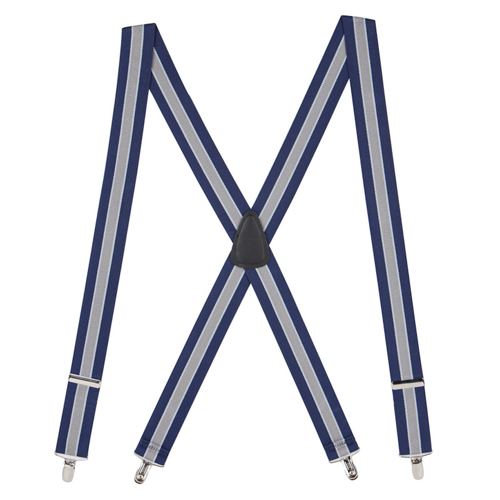 Full View - Navy/Grey Striped Clip Suspenders - 1.5 Inch Wide