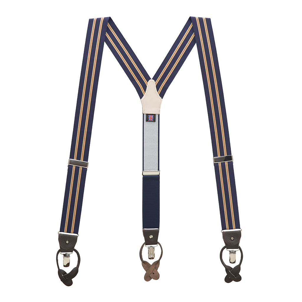 KHAKI/NAVY Variable Stripes Convertible Suspenders | SuspenderStore