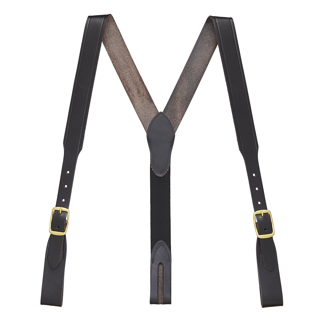 Plain w/Crease Handcrafted Western Leather Belt Loop Suspenders - BLACK - Full View