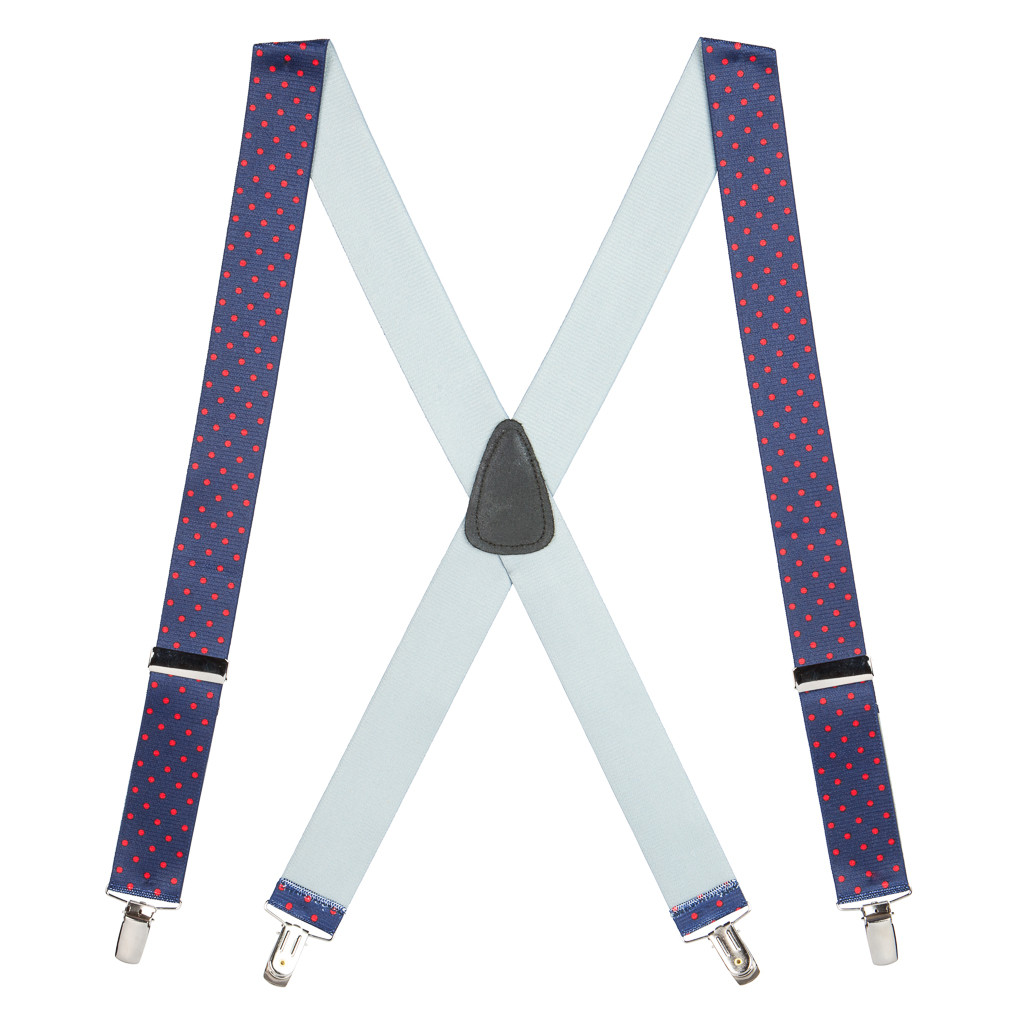 Full View - Polka Dot Suspenders - Red on Navy 1.5 Inch Wide Clip