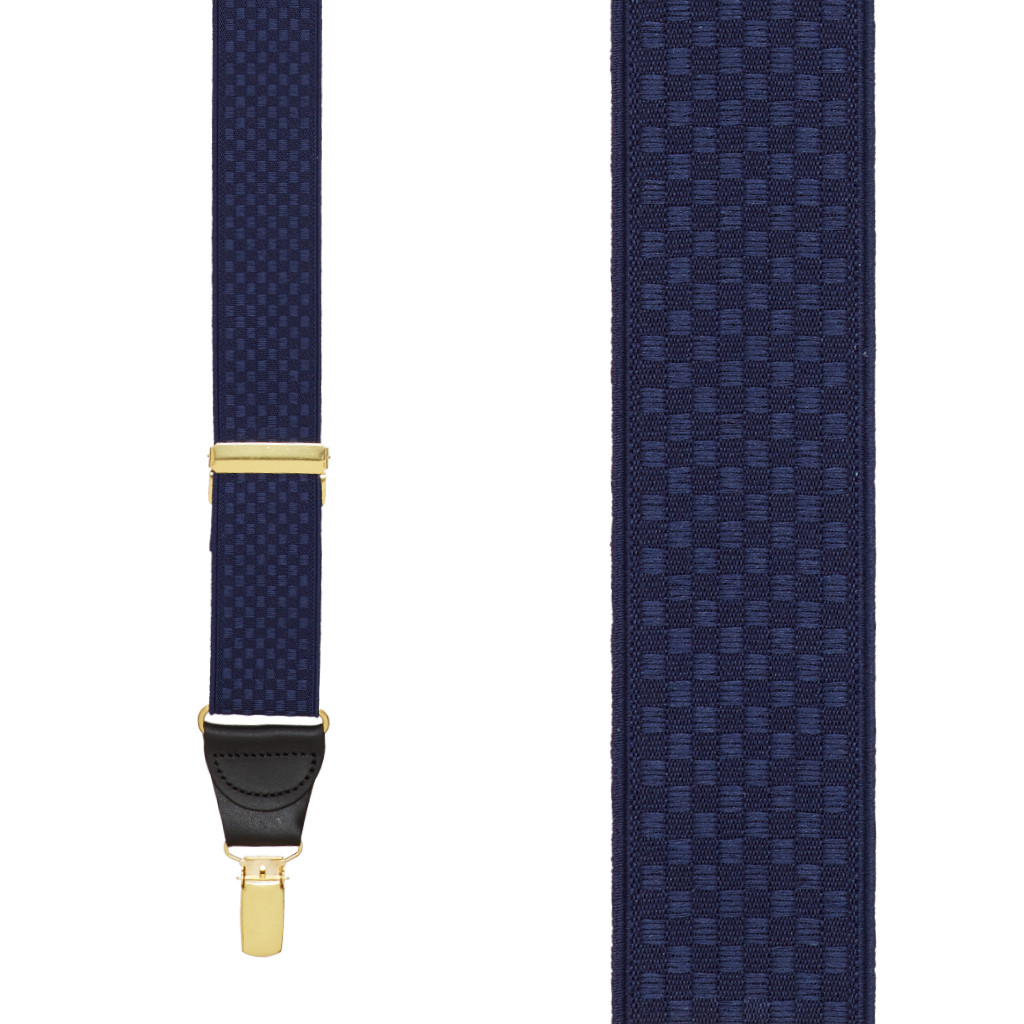 Front View - Jacquard Checkered Clip Suspenders - Navy Blue