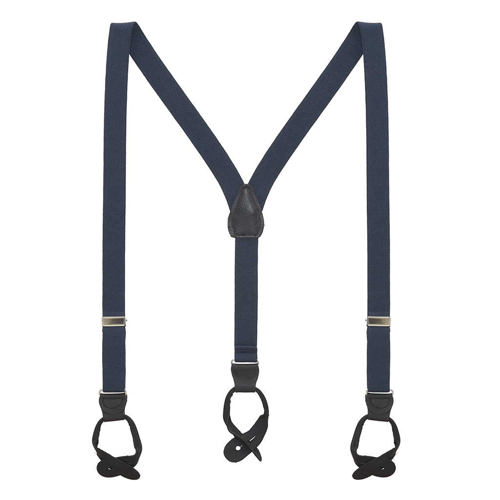 Navy Jacquard Checkered Suspenders - Button - Full View