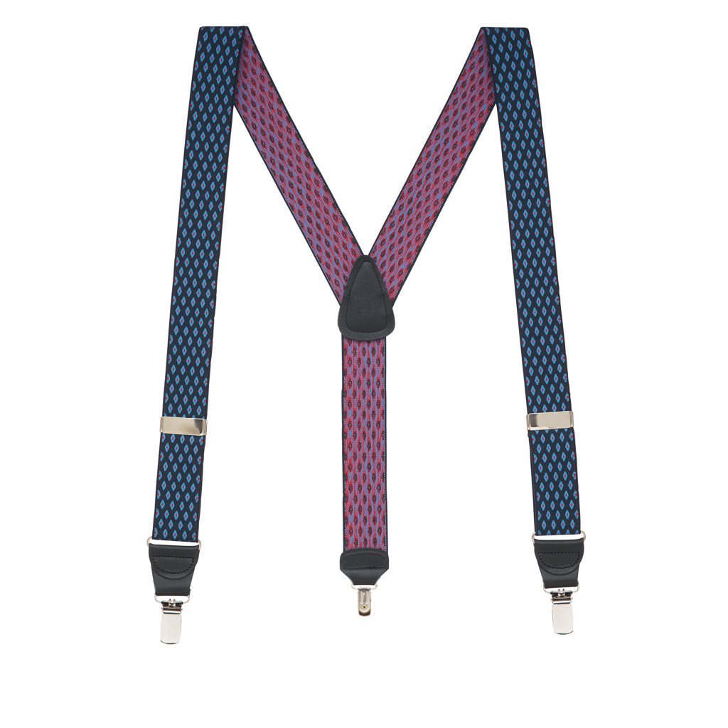 Full View - Jacquard Diamond Burst Clip Suspenders - Navy Blue