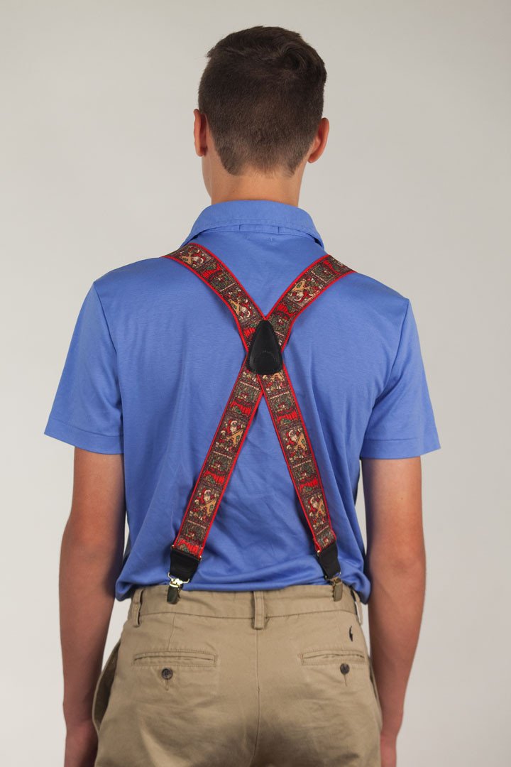 Model wearing suspenders