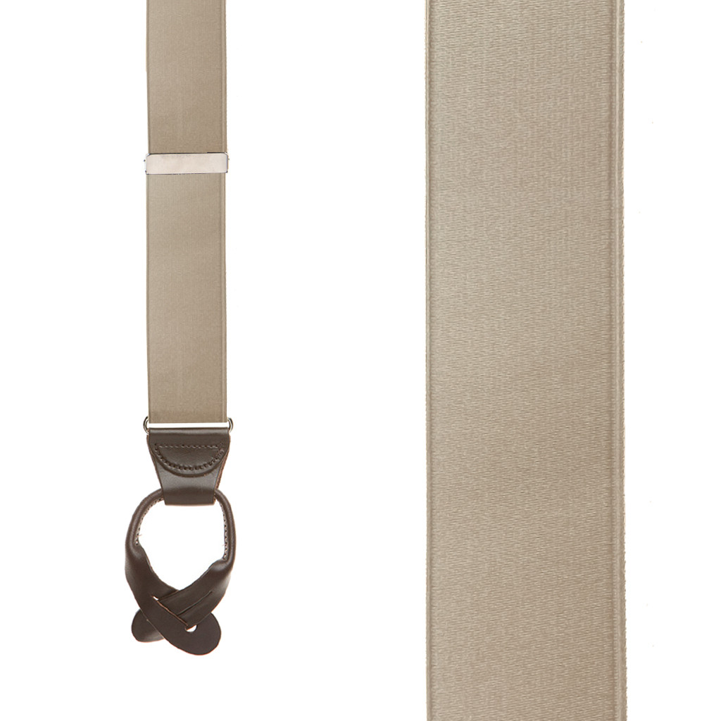 French Satin Button Suspenders in Tan - Front View