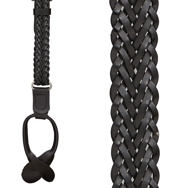 Black Braided Leather Herringbone Button Suspenders - Front View