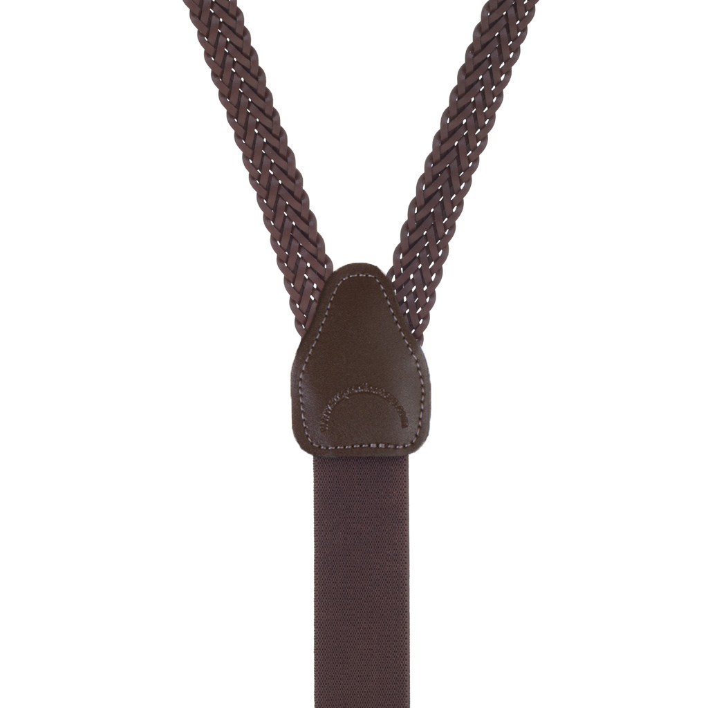 Brown Leather Herringbone Braided Suspenders ButtonOn