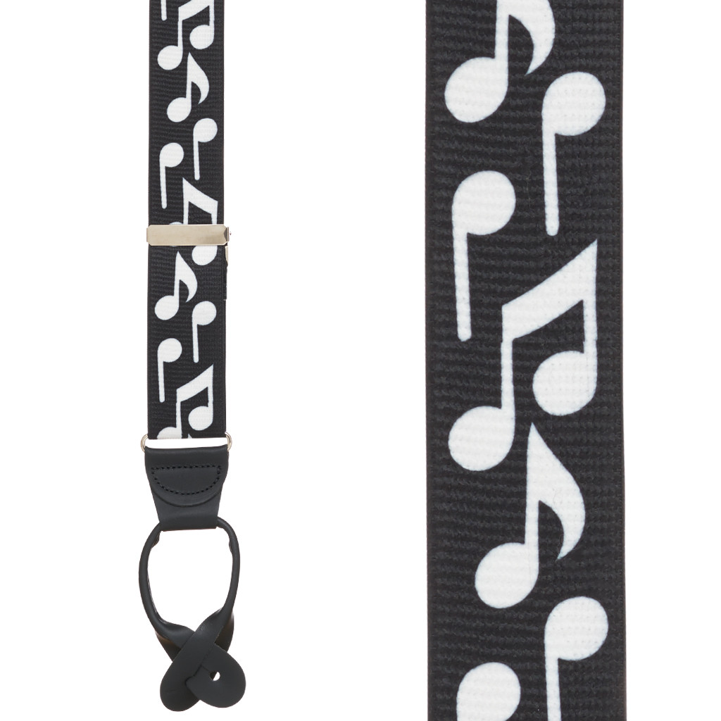 White Music Notes on Black Suspenders - Front View