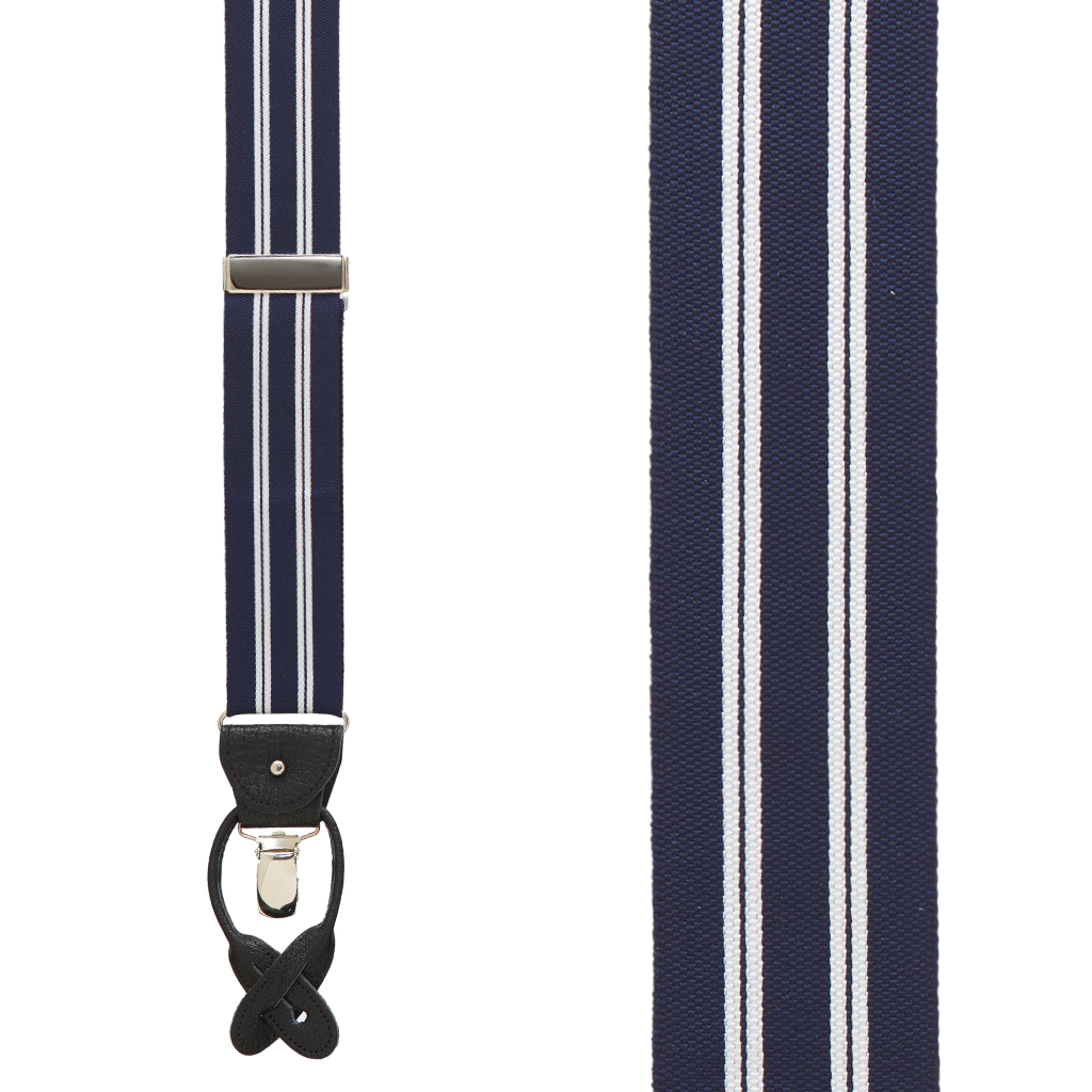 Barathea Striped Suspenders in White & Navy - Front View