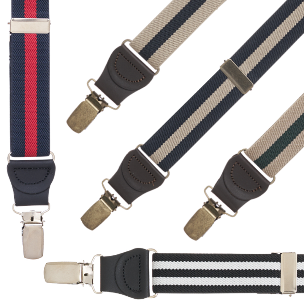 1 Inch Wide Striped Drop Clip Suspenders - All Colors