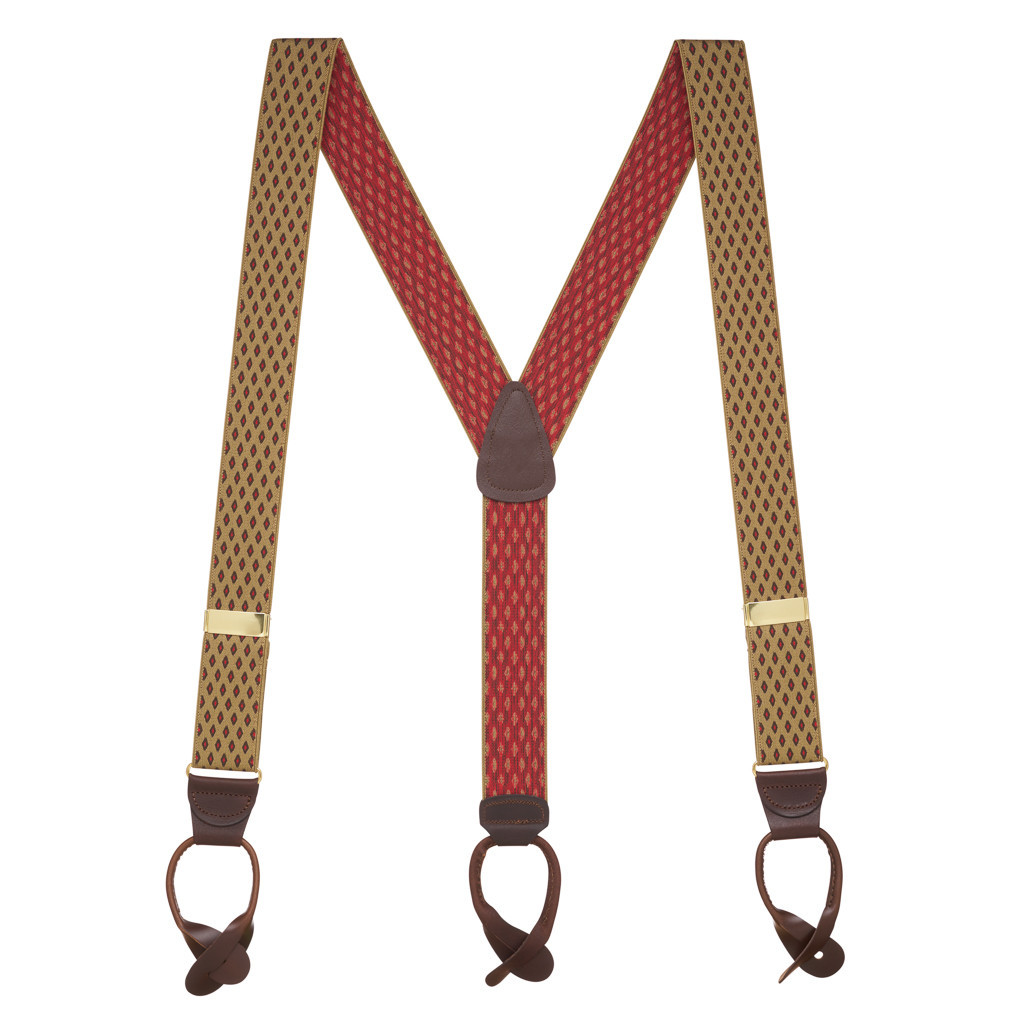 TAN Jacquard Diamond Burst Suspenders - Button - Full View